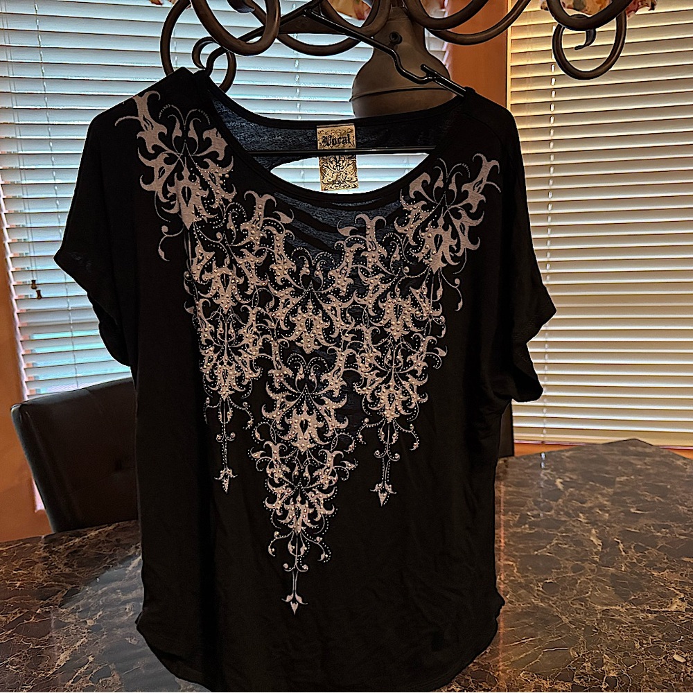 Edgy Rhinestone, silver, Top w stripped back. Rock n roll, Goth, Punk. Sparkly